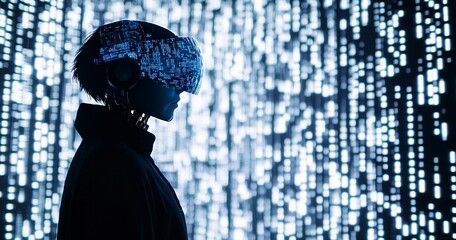 AI Robot Silhouette with Holographic Glasses in Digital Data Pattern