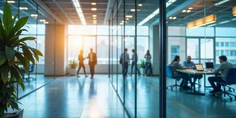 A blurred office conference room with large glass windows, blurred modern office meeting room interior