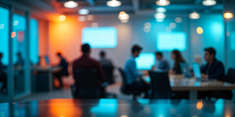 A blurred office conference room with large glass windows, blurred modern office meeting room interior