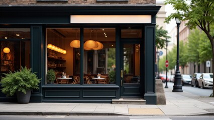 Storefront mockup of a coffee shop with large windows and a blank sign, ideal for cozy cafe branding.