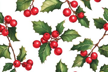 Seamless pattern of holly berries and green leaves on a white background featuring vibrant colors and festive charm ideal for seasonal wrapping paper or decorations