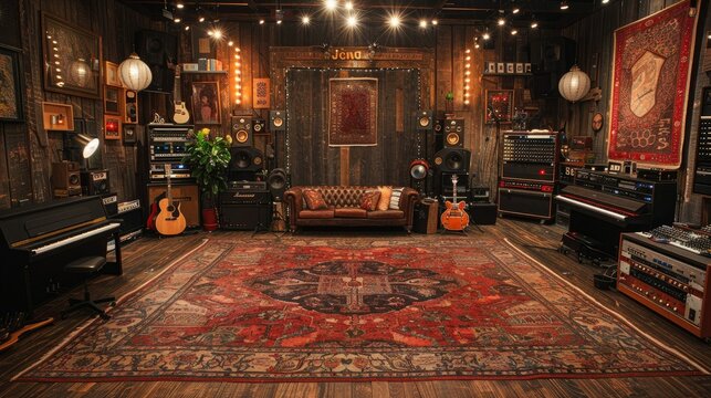 Rustic music studio with wooden walls, a red rug, vintage furniture, and music equipment.