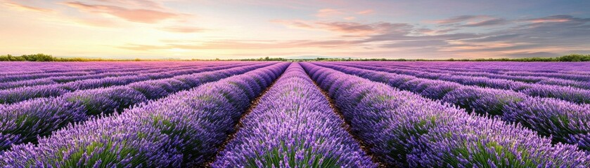 Obraz premium A stunning lavender field stretches under a vibrant sunset, showcasing rows of blooming lavender in various shades of purple, creating a tranquil atmosphere.