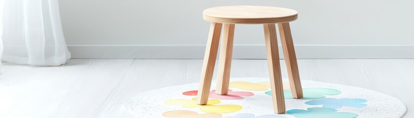 A minimalist wooden stool on a colorful rug, casting soft shadows in a bright room, ideal for modern interior design projects.