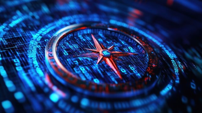 A digital compass design featuring binary code and a glowing star motif.