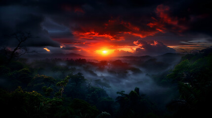 Fototapeta premium Dramatic Jungle Sunset with Mist