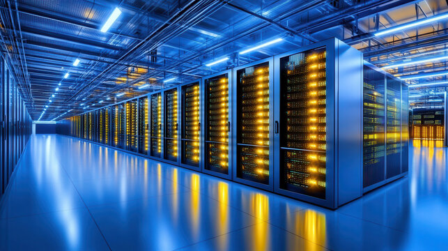 modern data center featuring glowing servers and advanced technology, showcasing vibrant blue and yellow color scheme. environment reflects innovation and efficiency