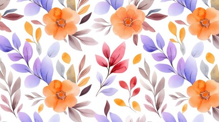 Beautiful watercolor floral pattern featuring vibrant orange flowers and delicate leaves in a harmonious arrangement, perfect for design projects.