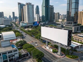 Fototapeta premium Urban Landscape with Blank Billboard Mockup for Advertising Opportunities in a Bustling City, Showcasing Large Screen Out-of-Home Media Potential in a Modern Setting