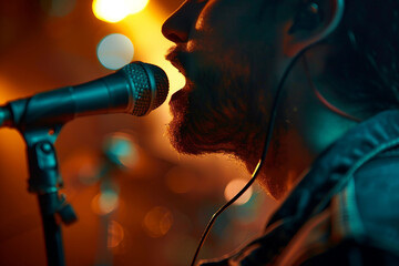 Obraz premium Generative AI Image of a Rock Band Singer Performing in Studio with Microphone