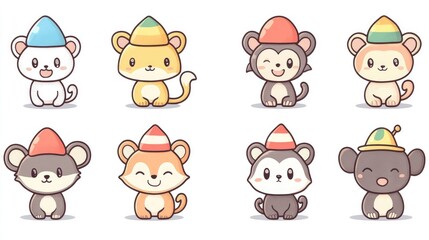 Fototapeta premium Cute Cartoon Animals in Colorful Hats