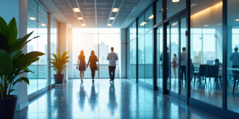 A blurred office conference room with large glass windows, blurred modern office meeting room interior