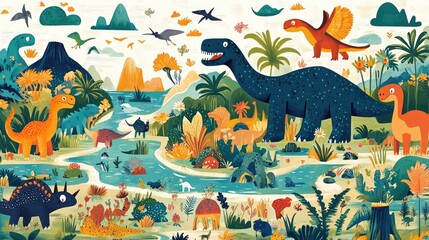 Colorful Cartoon Dinosaurs in a Vibrant Landscape