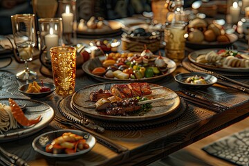 Dinner table with various dishes and drinks.