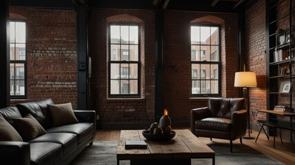 Modern loft living room with exposed brick wall, leather sofa, armchair, and windows.
