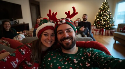 A happy couple in matching Christmas sweaters and reindeer antlers take a selfie with their family in the background.
