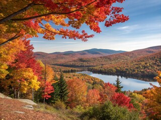 Vibrant Autumn Landscape: A Scenic View of Colorful Foliage, Rolling Hills, and a Tranquil Lake Perfect for Free Screensavers and Nature Lovers