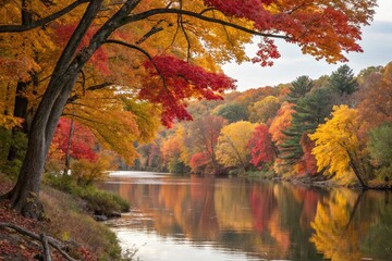 Fototapeta premium Vibrant Autumn Trees Reflecting in Calm Water with Room for Text and Additional Elements in a Serene Natural Landscape