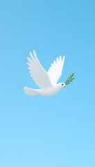 Fototapeta premium A white dove holding an olive branch against a clear blue sky symbolizes peace and tranquility