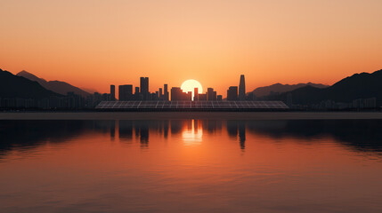Obraz premium stunning sunset over city skyline, reflecting on water with solar panels in foreground. warm colors create serene atmosphere