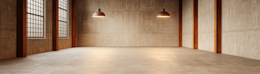 Spacious, modern interior with concrete walls and warm lighting, ideal for creative work.