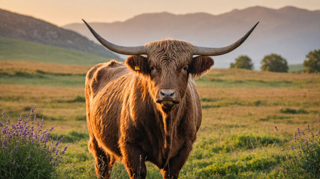 A Highland cow stands in a field, its long horns reaching up towards the setting sun