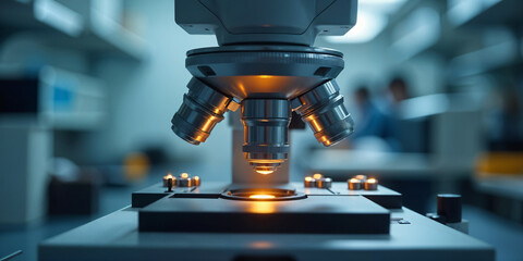 Closeup of Scientific microscope data analysis in the laboratory, medicine equipment research setting in lab for chemistry analysis