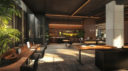 A modern office space with wooden desks and chairs, a large window, and natural light streaming in.