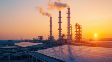 Golden hour shot of industrial plant with smokestacks against sunset. scene captures beauty of industry and nature in harmony