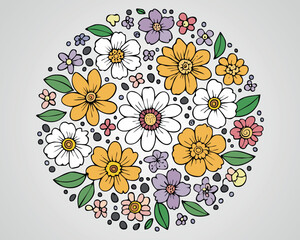 Colorful Floral Pattern in Circular Design – Decorative Botanical Illustration