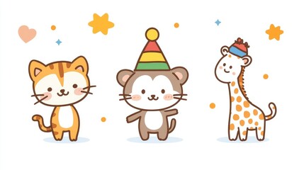Obraz premium Cute Cartoon Animal Characters in Festive Hats