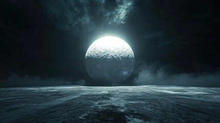 A serene landscape featuring a large moon above a dark, textured surface under a cloudy sky.