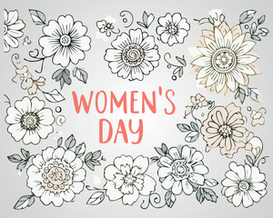 Women's Day Floral Wreath Line Art Illustration
