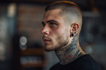 Fototapeta premium Generative AI Portrait of stylish hipster Tattoo Artist in Tattoo Studio Setting