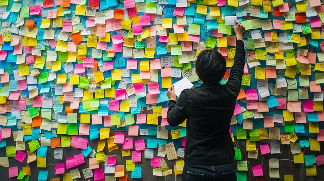 A person standing in front of an elaborate wall covered with colorful Post-it...