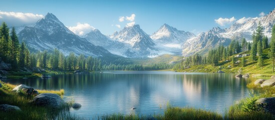 Tranquil mountain lake with snow-capped peaks and lush greenery under a bright blue sky.