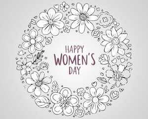 Women's Day Floral Wreath Line Art Illustration