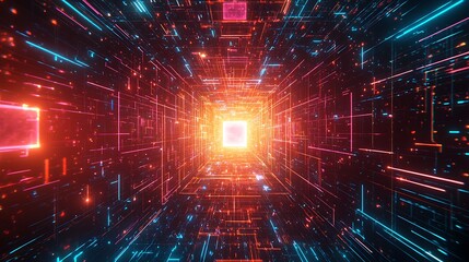 Obraz premium Futuristic Abstract Tunnel with Glowing Lines and Light Effects in Vibrant Colors Representing Technology and Digital Transformation
