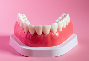 A dental model with pink gums and white teeth