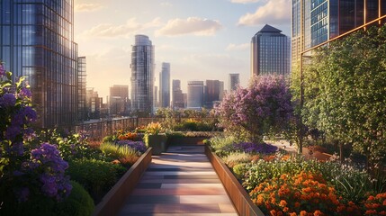 Fototapeta premium A lush, vibrant rooftop garden with a walkway, surrounded by tall buildings and a beautiful sunset sky.