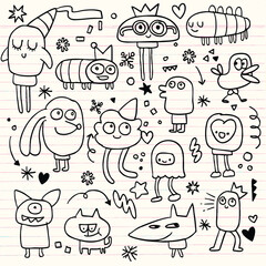 Playful doodles of quirky cartoon characters with various expressions fill page, featuring whimsical creatures, stars, and hearts. lively design is set on lined background