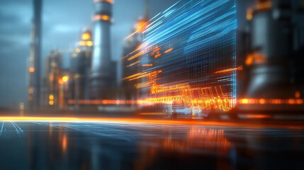 Futuristic industrial scene with glowing lines and structures, showcasing advanced technology and innovation in dynamic environment