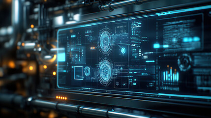 Obraz premium Futuristic digital interface with glowing data displays and graphs, showcasing advanced technology and analytics in high tech environment
