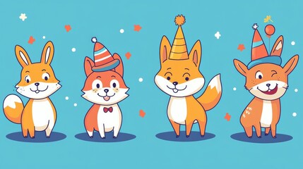 Fototapeta premium Fun Illustrations of Various Cartoon Animals in Party Hats
