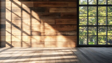 Sunlight streams through a window, casting a patterned shadow on a wooden wall.