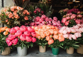 Vibrant Pink and Coral Peonies Flower Shop Display