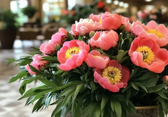 Pink Peony Bouquet In Flower Shop Interior