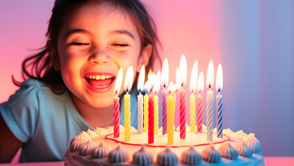 Joyful Birthday Girl Portrait with Candle-Lit Cake, Happy Child Celebrating Festive Occasion, Vibrant Pink and Purple Toned Party Scene. Blowing out Candles. Happy Birthday. Girl. 4