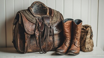 Vintage leather saddle, boots, and bag on a rustic surface.