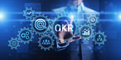 Objective Key Results Business technology process improvement concept on virtual screen.
